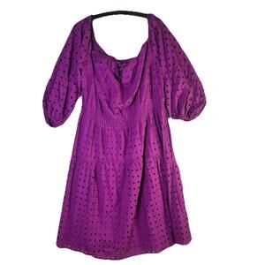 Eloquii Fuscia Eyelet Lace Tiered Dress Cotton  Puff Sleeve Peasant S 22 NWT